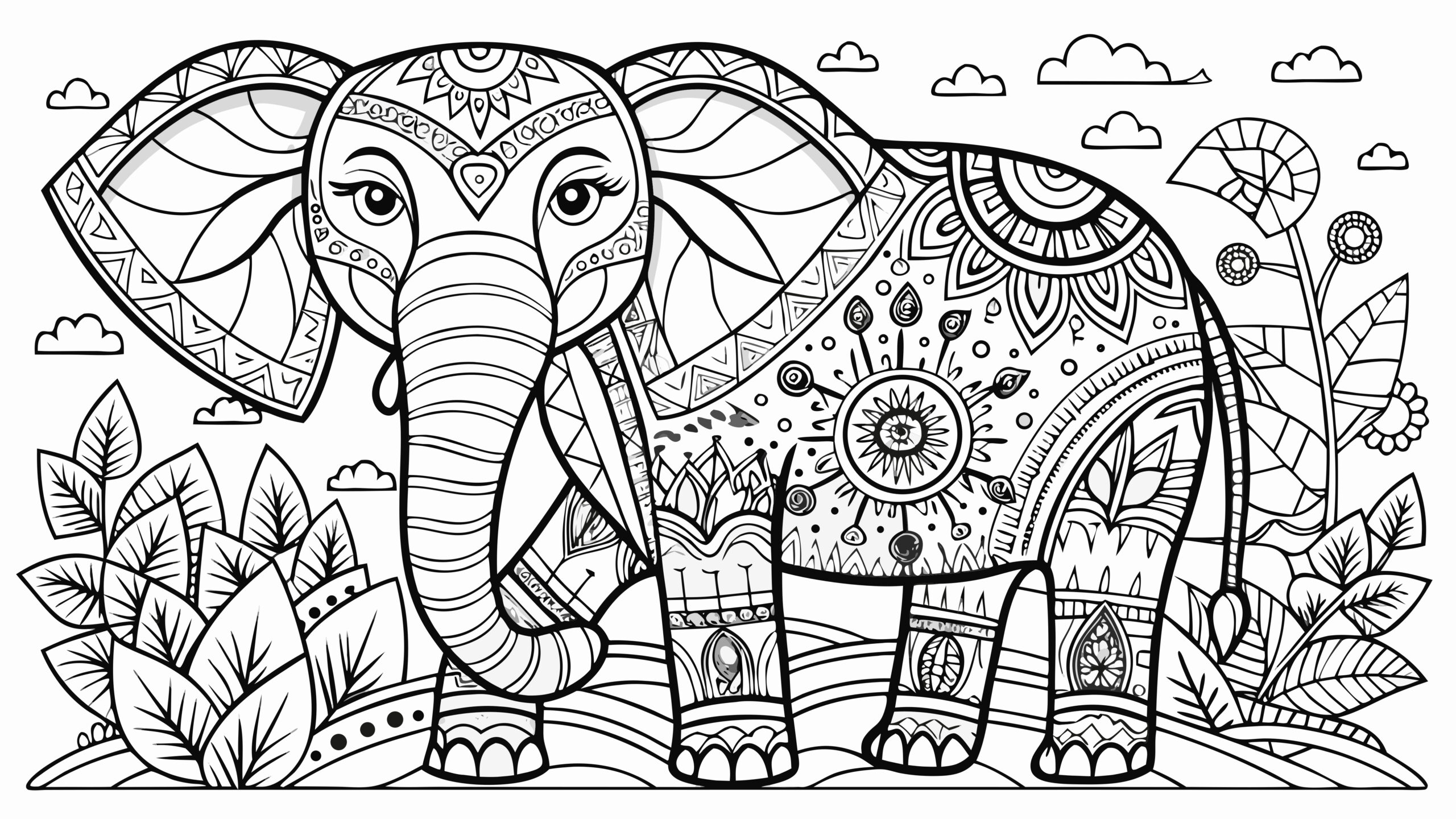 Intricate black and white mandala elephant illustration with decorative patterns and foliage